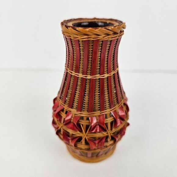 Shanghai Handicrafts Miniature Vase Woven Wicker‎ Rattan Bamboo Basket Vtg Label - Picture 3 of 9
